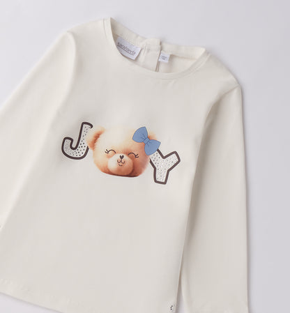 Sarabanda maglietta bambina maniche lunghe in cotone color panna con stampa orsetto e fiocco azzurro