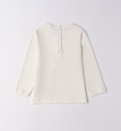 maglietta bambina maniche lunghe Sarabanda in cotone panna vista retro con chiusura a bottoni sul collo