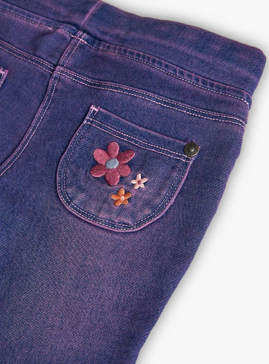 Boboli pantaloni denim bambina viola con tasca posteriore ricamata a fiori dettaglio bottone