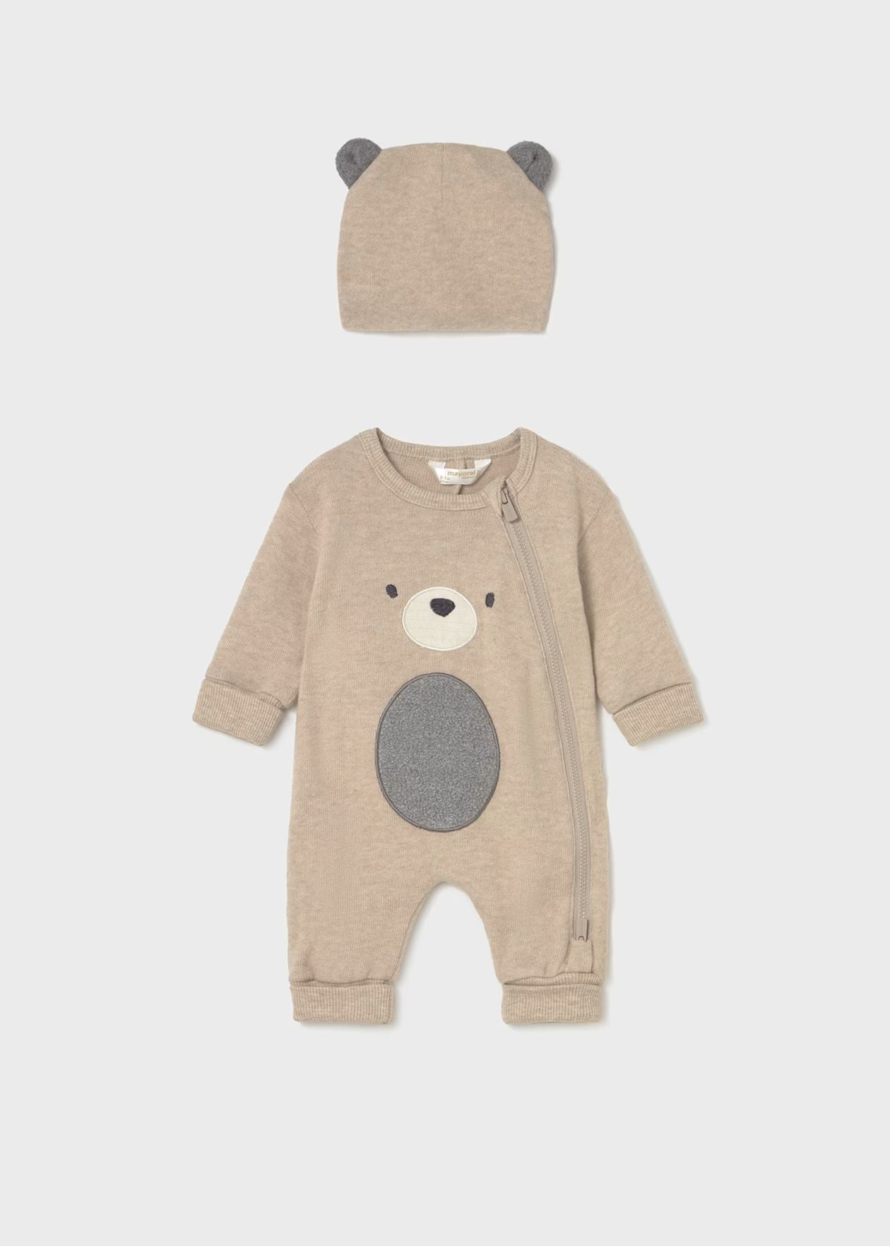 Completo neonato Mayoral in beige con pagliaccetto neonato animali e cappellino a forma di orsetto