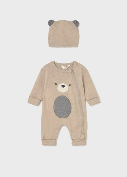 Completo neonato Mayoral beige con pagliaccetto neonato animali e cappellino orsetto abbinato