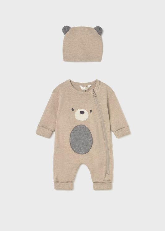 Completo neonato Mayoral beige con pagliaccetto neonato animali e cappellino orsetto abbinato