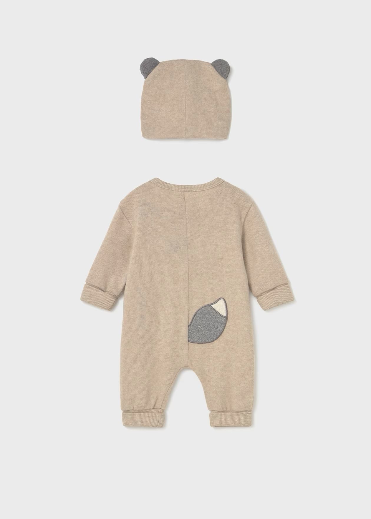 Completo neonato Mayoral in beige con pagliaccetto neonato animali e cappellino a forma di orso