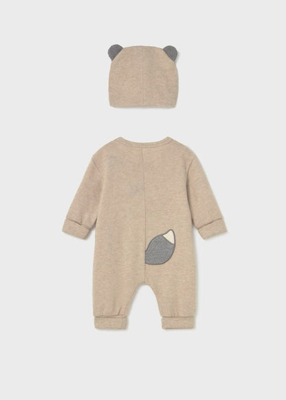 Completo neonato Mayoral in beige con pagliaccetto neonato animali e cappellino a forma di orso