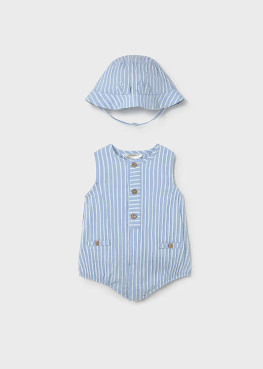 Pagliaccetto Neonato con Cappellino Celeste Rigato in Cotone - Mayoral