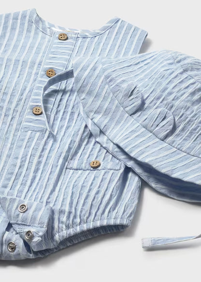 Pagliaccetto Neonato con Cappellino Celeste Rigato in Cotone - Mayoral