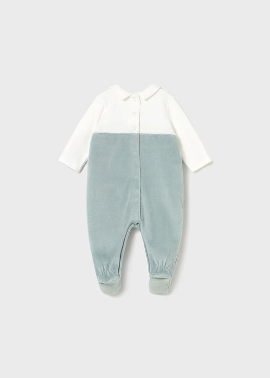 Pagliaccetto velluto a costine neonato in blu e bianco con maniche lunghe e chiusura frontale