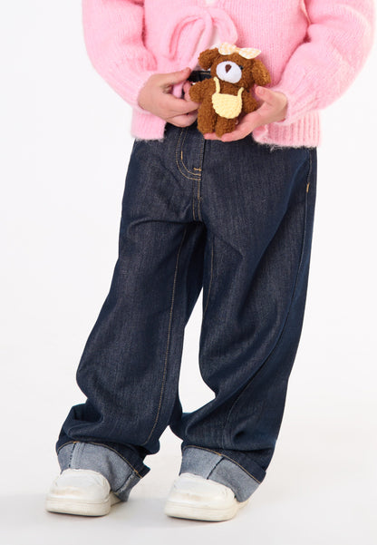Jeans Bambina TOBETOO Over Lavaggio Scuro con Cintura Animalier e Charm Orsetto