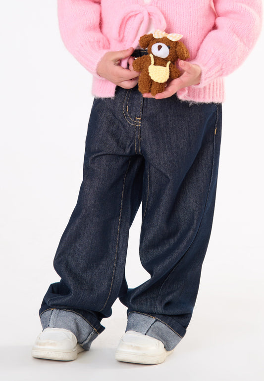 Jeans Bambina TOBETOO Over Lavaggio Scuro con Cintura Animalier e Charm Orsetto - OOPS by BabyBimbo 0-16