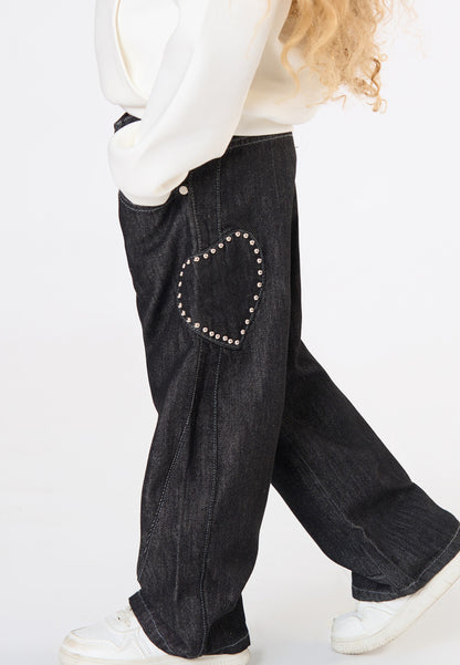 Jeans Bambina TOBETOO Barrel Lavaggio Scuro con Applicazioni Laterali – Streetwear