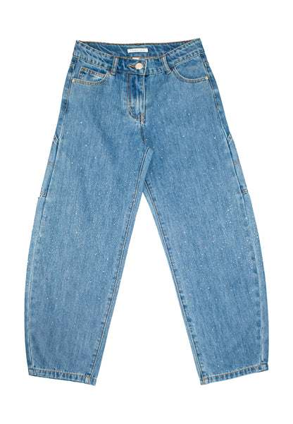 Jeans Ragazza TOBETOO Baggy Lavaggio Chiaro con Strass e Vita Regolabile