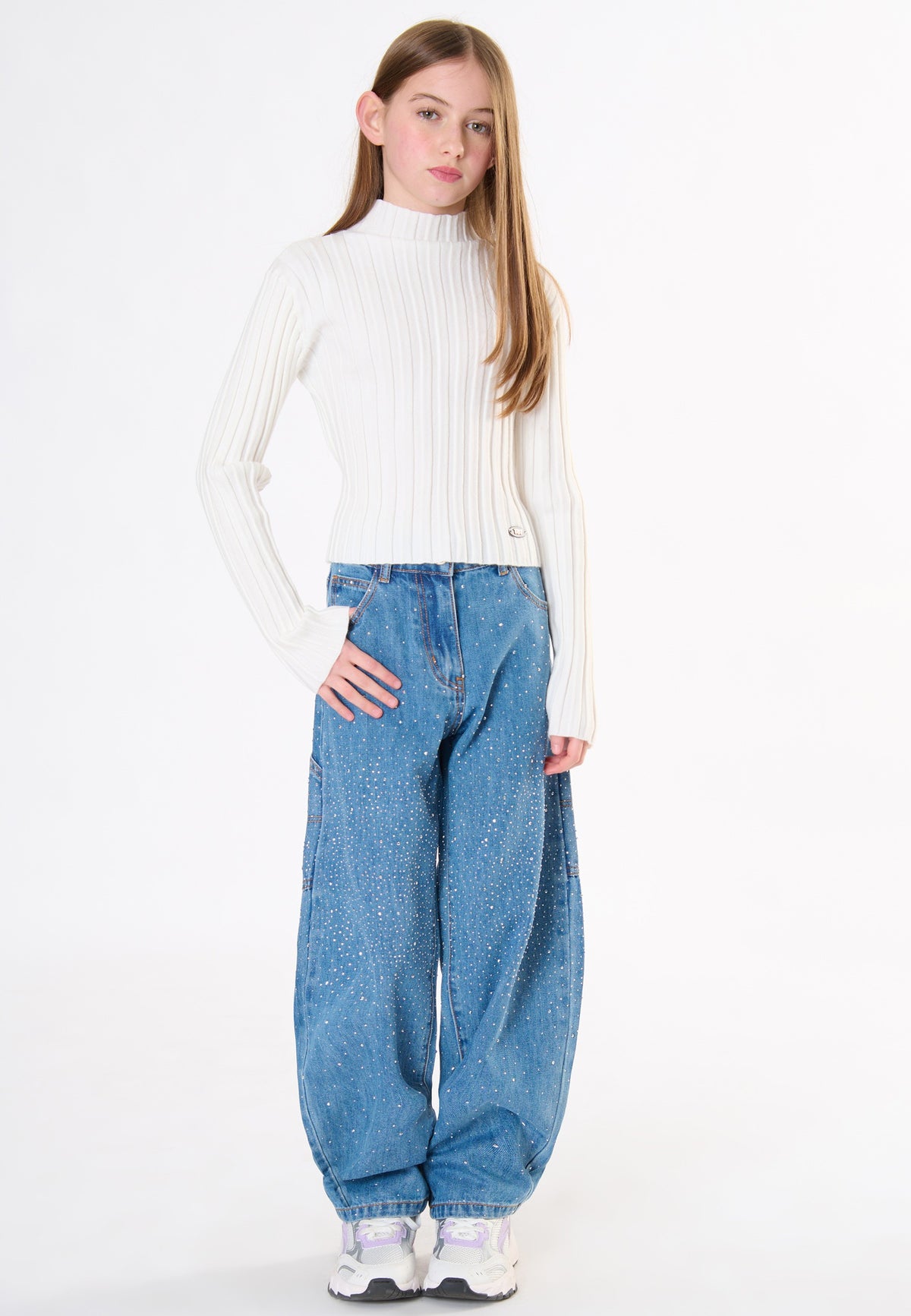 Jeans Ragazza TOBETOO Baggy Lavaggio Chiaro con Strass e Vita Regolabile