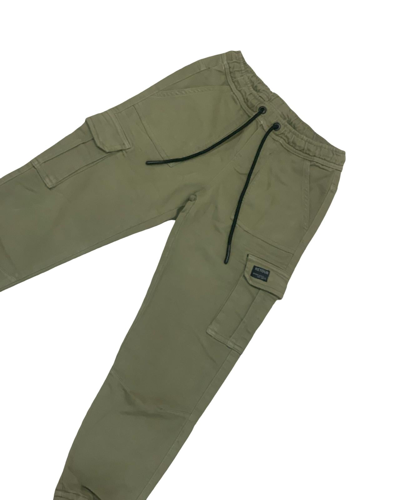 Pantaloni cargo felpati ragazzo in verde oliva con tasche laterali e coulisse in vita