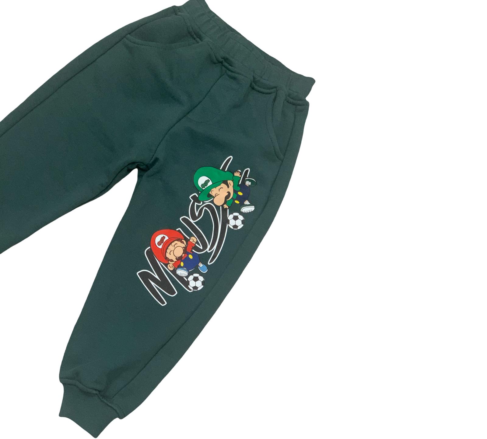 Pantaloni cotone verde per bambini con stampa di personaggi divertenti e vita elastica