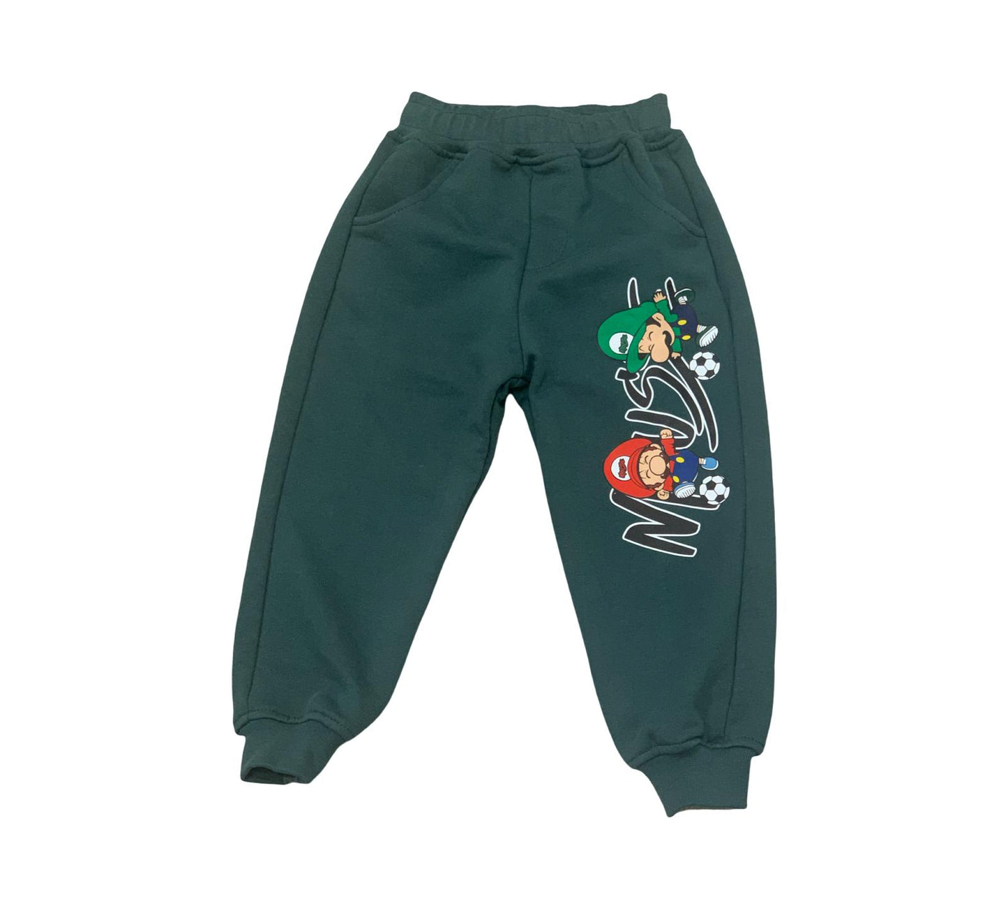 Pantaloni cotone verde per bambini con stampa giocosa di personaggi sportivi