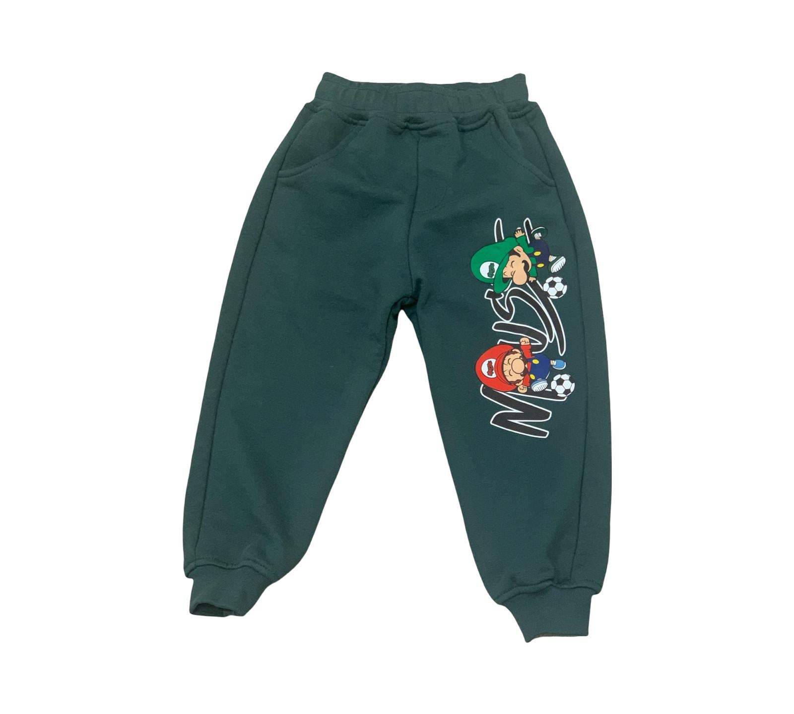 Pantaloni cotone verde per bambini con stampa giocosa di personaggi sportivi