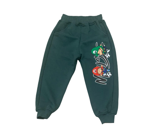 Pantaloni cotone verde per bambini con stampa giocosa di personaggi sportivi