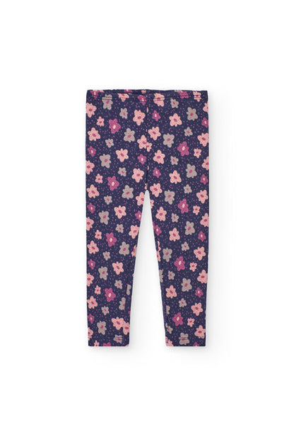 Pantaloni leggings floreali per bambine Boboli con stampa a fiori rosa e viola su sfondo blu