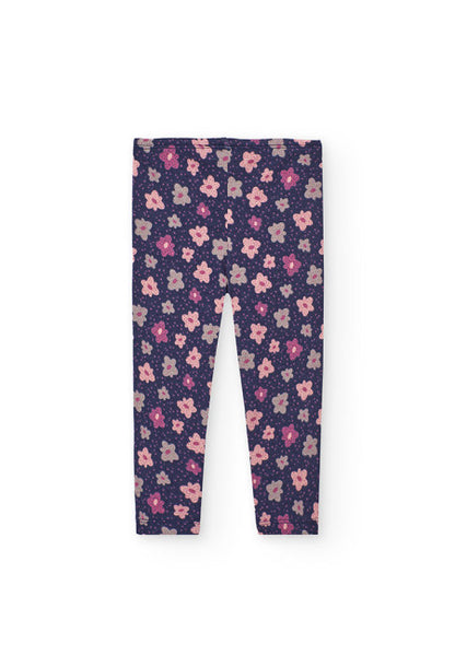 Boboli pantaloni leggings floreali per bambine con stampa di fiori rosa su sfondo blu scuro