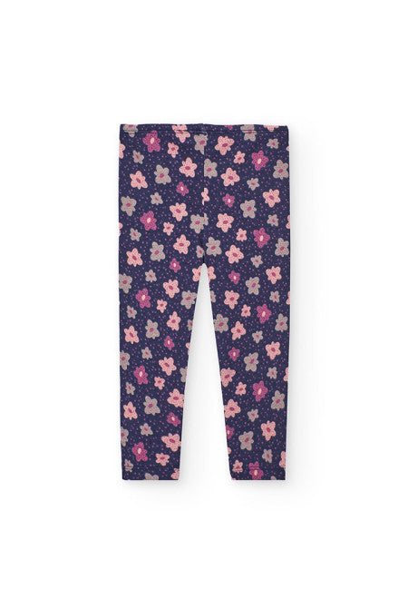 Boboli pantaloni leggings floreali per bambine con stampa di fiori rosa su sfondo blu scuro