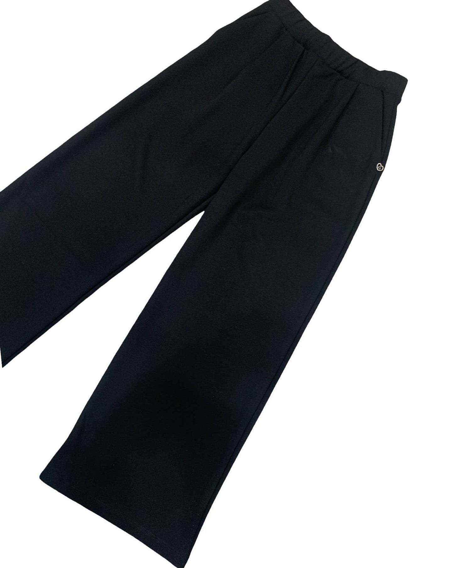 Pantaloni neri larghi ragazza con vita elastica e tasche laterali per un comfort elegante