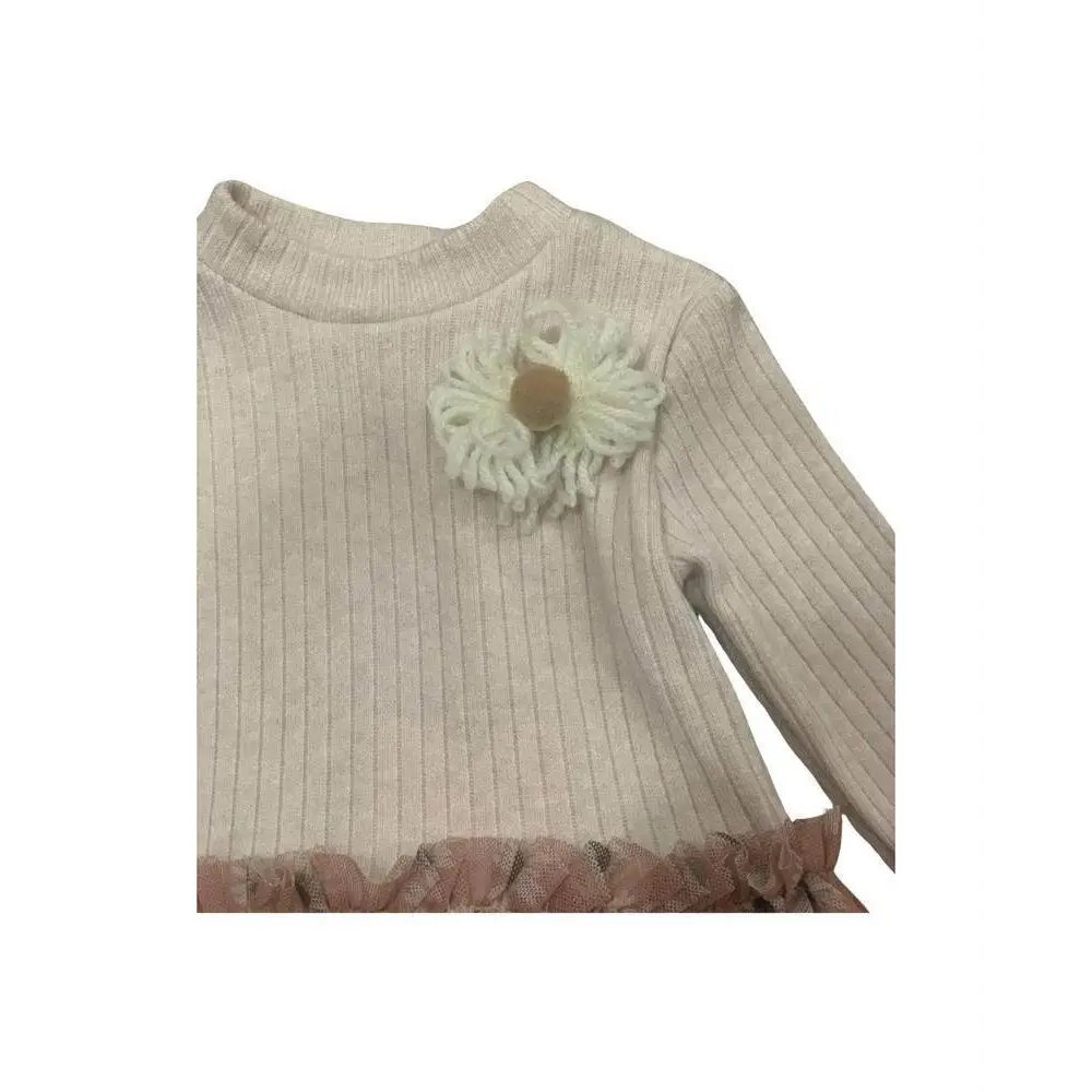 abito bambina Paris Hilton 9-24 mesi in maglia costine crema con fiore applicato e balza in tulle rosa
