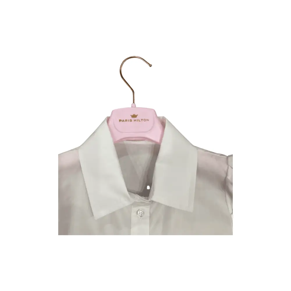 camicia nodo ragazza Paris Hilton, camicia bianca elegante con collo a punta e gruccia rosa con logo
