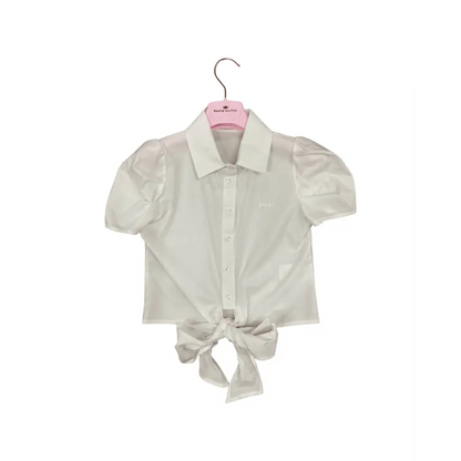 camicia nodo ragazza Paris Hilton bianca in cotone con colletto maniche a sbuffo e fiocco frontale elegante