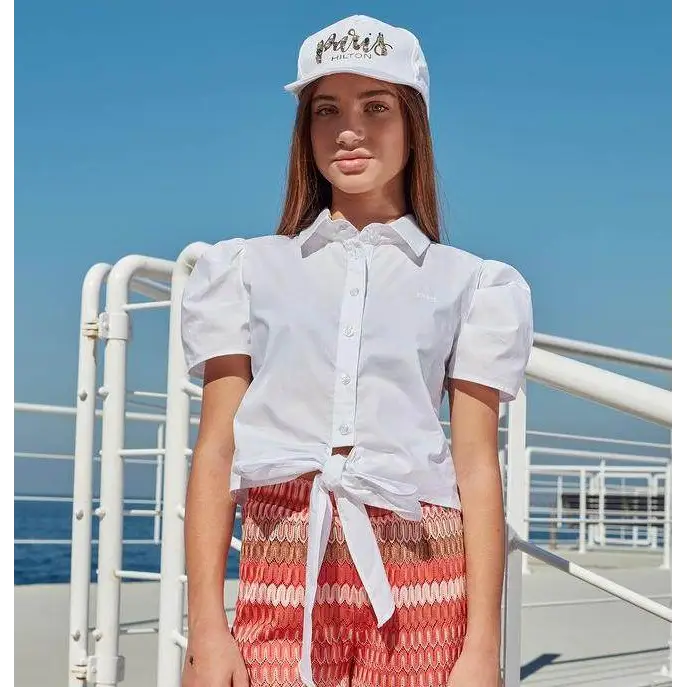 Camicia bianca collo a polo maniche corte a sbuffo con nodo frontale camicia nodo ragazza Paris Hilton stile estivo
