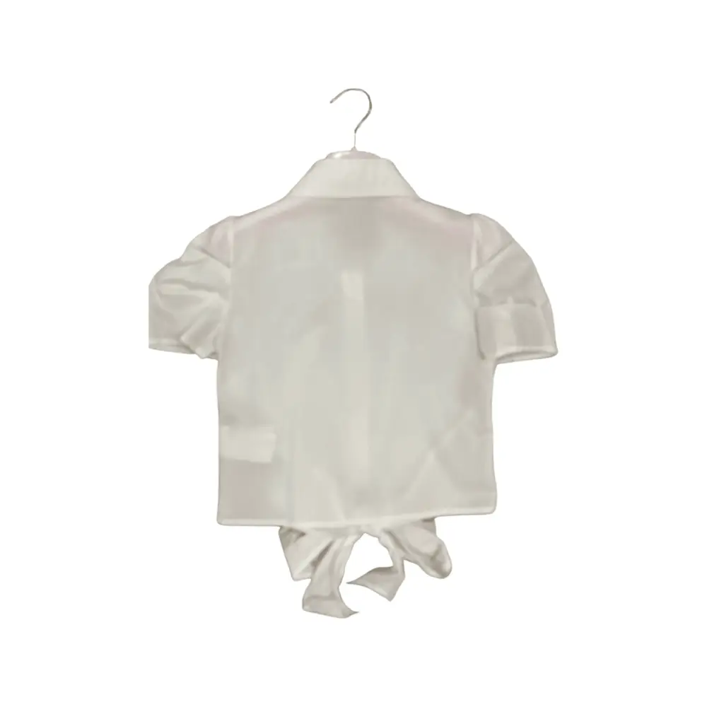 camicia nodo ragazza Paris Hilton in raso bianco maniche corte cropped nodo posteriore su appendino