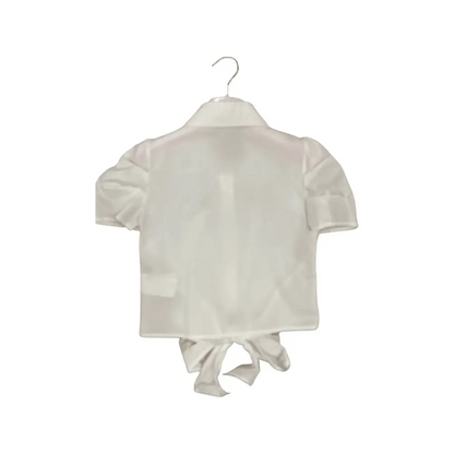 camicia nodo ragazza Paris Hilton in raso bianco maniche corte cropped nodo posteriore su appendino