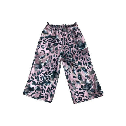 pantalone maculato bambina Paris Hilton in velluto rosa e nero con vita elastica e gamba larga