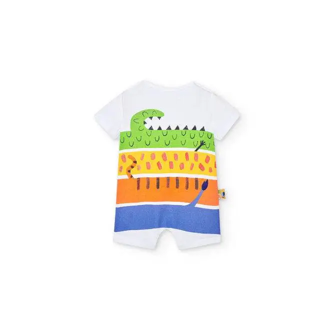 tutina corta colorata bambino Boboli bianca con bande arancioni blu e stampa verde coccodrillo