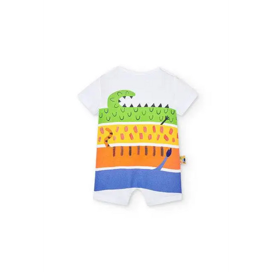 tutina corta colorata bambino Boboli bianca con bande arancioni blu e stampa verde coccodrillo