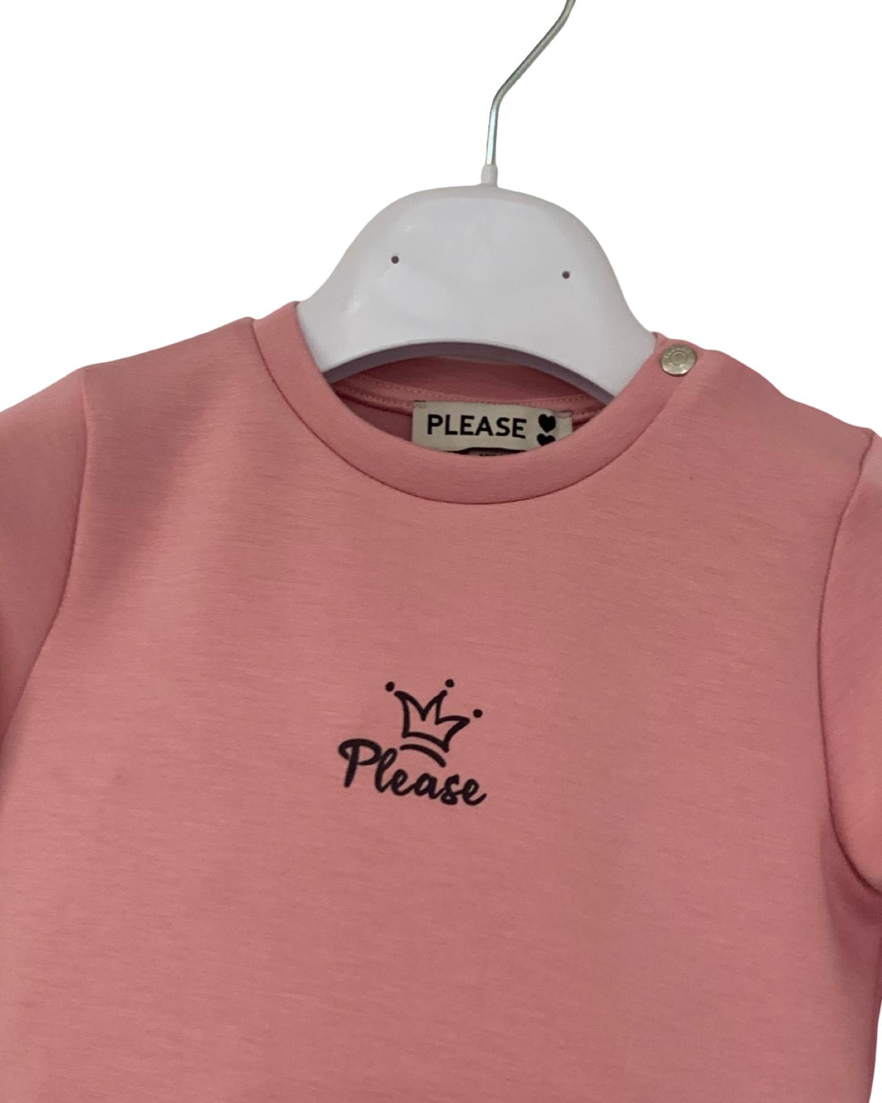 Abitino rosa bimba felpa con logo Please e bottone in cima per facilità di vestizione