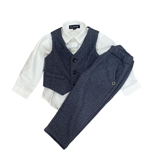 Completo elegante bambino 3 pezzi con gilet, camicia bianca e pantaloni grigi in tessuto classico