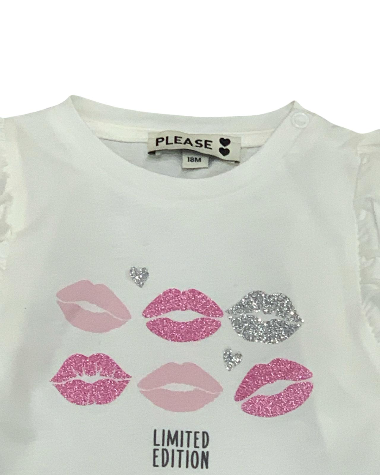 Maglietta bambina manica lunga bianca con stampa di labbra e scritta Limited Edition