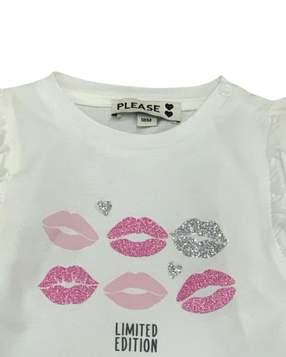 Maglietta bambina manica lunga bianca con stampa di labbra e scritta Limited Edition