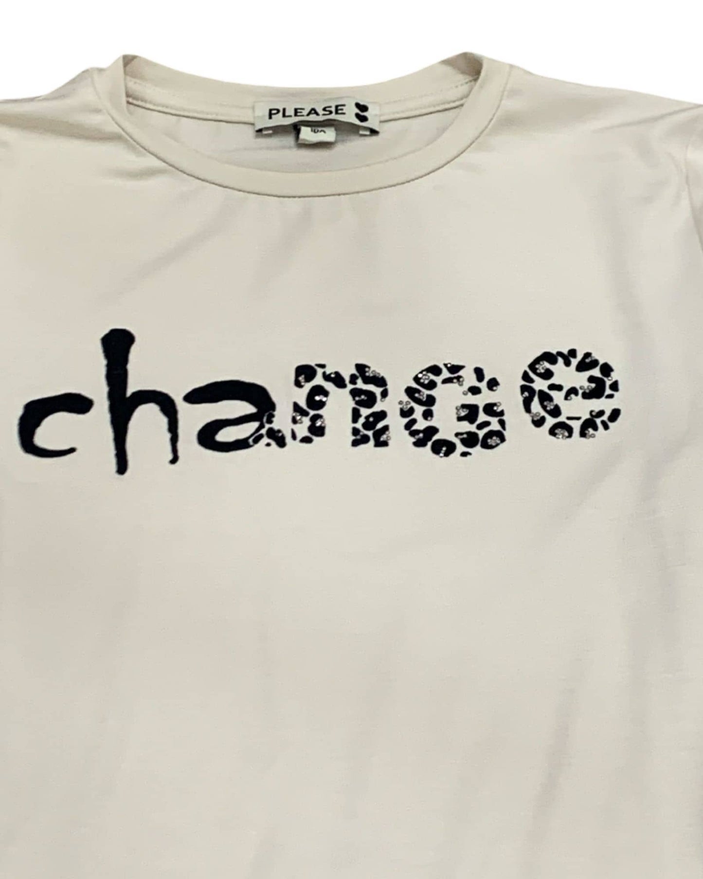 Maglietta ragazza Please ecru con stampa leopardata e testo change in stile moderno