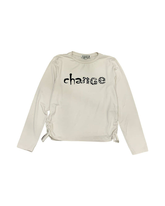 Maglietta ragazza Please ecru con scritta change e dettaglio arricciato sui lati