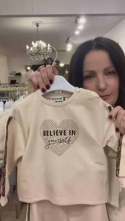 Tuta beige due pezzi bimba felpa e pantaloni con striscia laterale