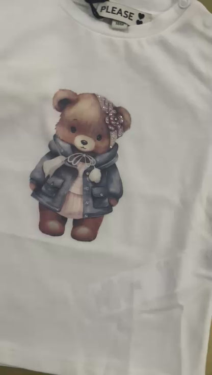 Maglietta bianca girocollo bambina con stampa orso e brillantini