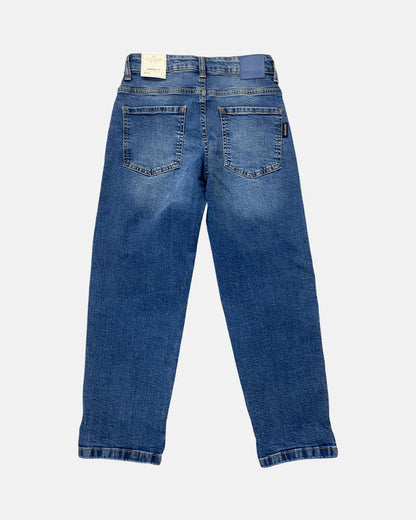 Pantaloni Retour in denim blu con cinque tasche e orlo risvoltato per un look casual
