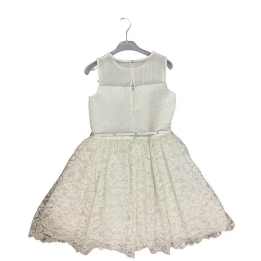 abito elegante bambina Sarabanda in pizzo bianco senza maniche corpino in tulle gonna ampia con cintura