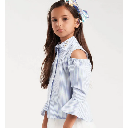 camicia bambina spalla scoperta Sarabanda in cotone a righe azzurre con collo decorato e maniche a campana