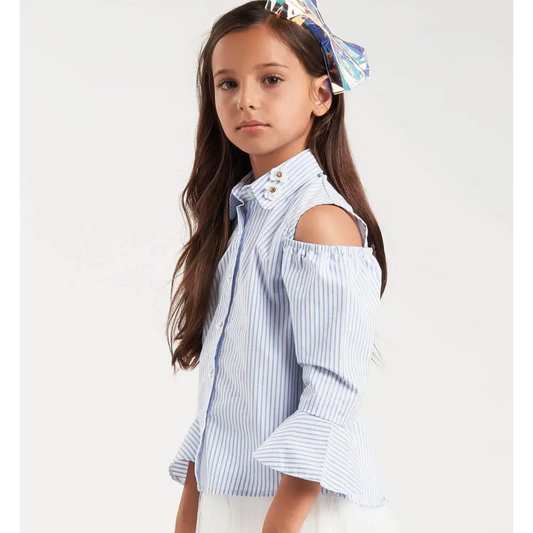 camicia bambina spalla scoperta Sarabanda in cotone a righe azzurre con collo decorato e maniche a campana