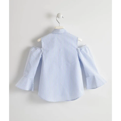 camicia bambina spalla scoperta Sarabanda a righe azzurre e bianche maniche svasate colletto vista retro su appendino