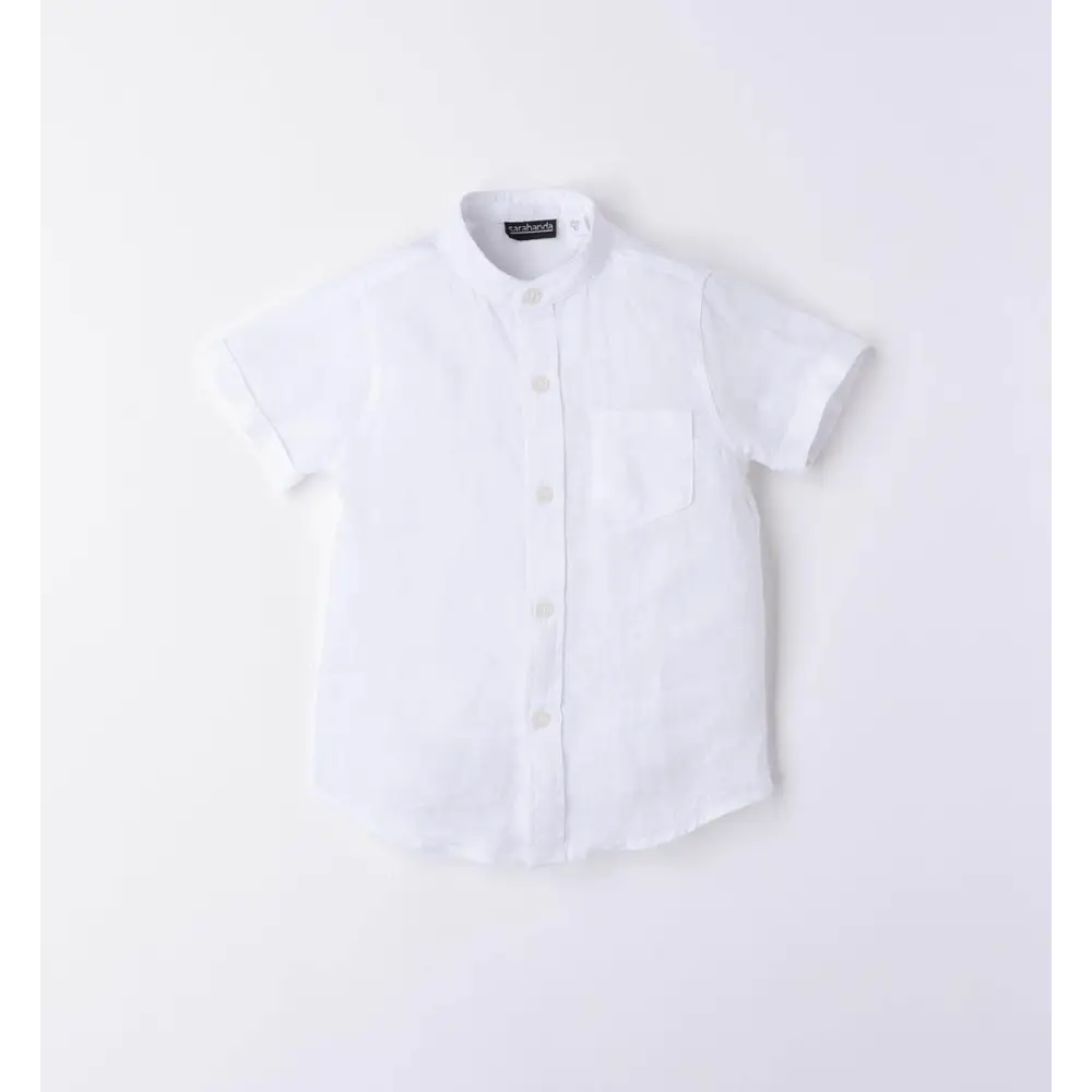 camicia lino bambino Sarabanda bianca maniche corte collo alla coreana taschino estivo leggera