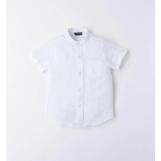camicia lino bambino Sarabanda bianca maniche corte collo alla coreana taschino estivo leggera