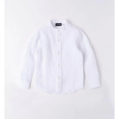 Camicia bianca in lino con colletto alla coreana e bottoni frontali, camicia lino bambino Sarabanda elegante e traspirante